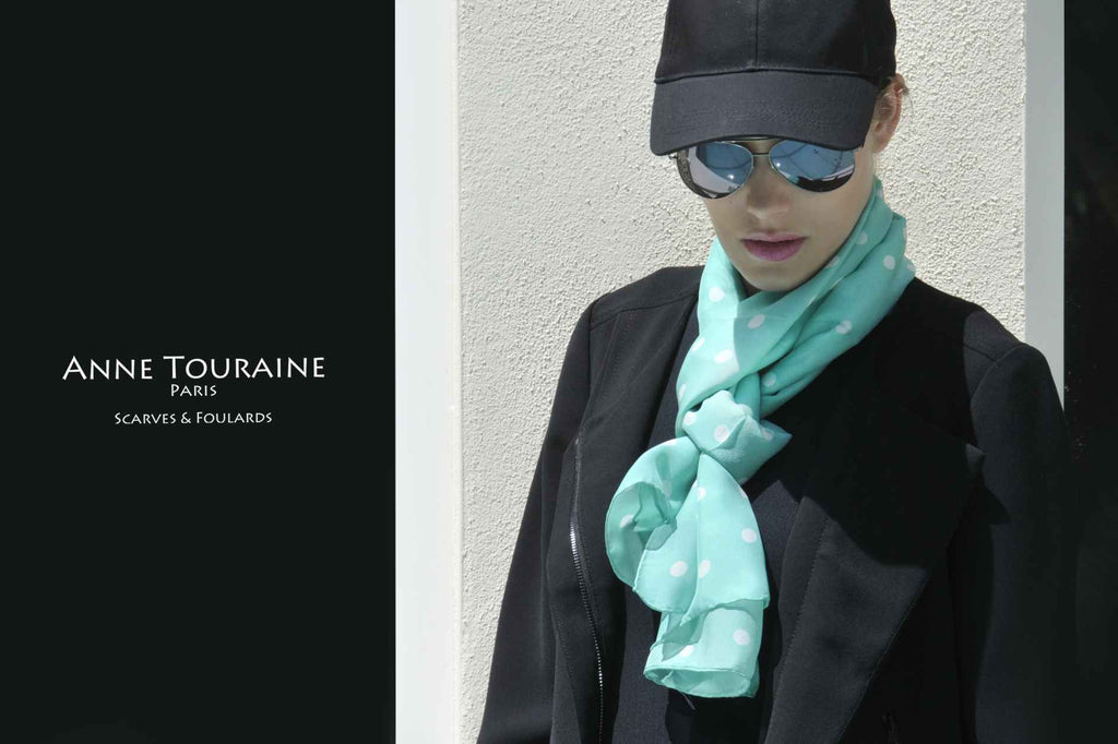 Chiffon silk scarves by ANNE TOURAINE Paris™: mint polka dot scarf tied European loop with a final knot under the loop