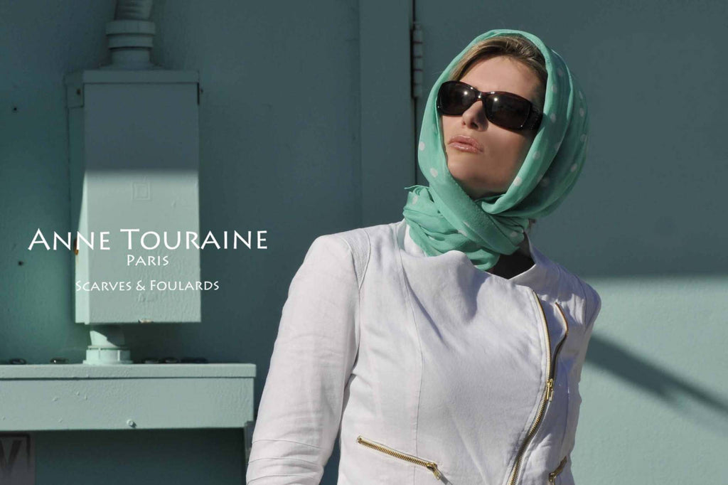 Chiffon silk scarves by ANNE TOURAINE Paris™: mint polka dot scarf as headscarf tied to the nape of the neck