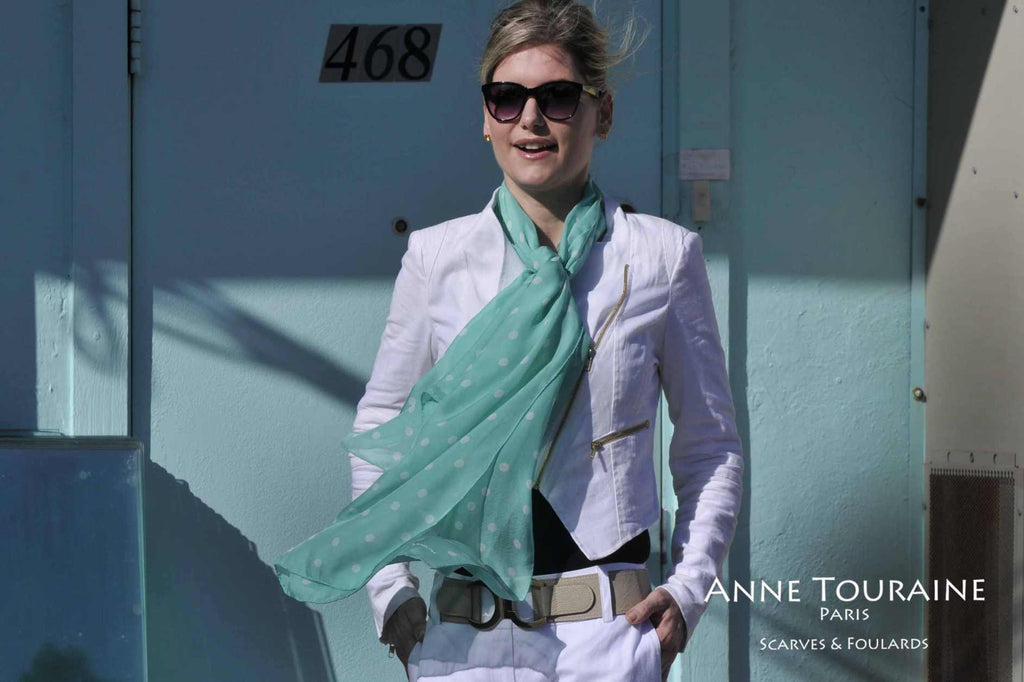 Chiffon silk scarves by ANNE TOURAINE Paris™: mint polka dot scarf tied to the front with one simple knot