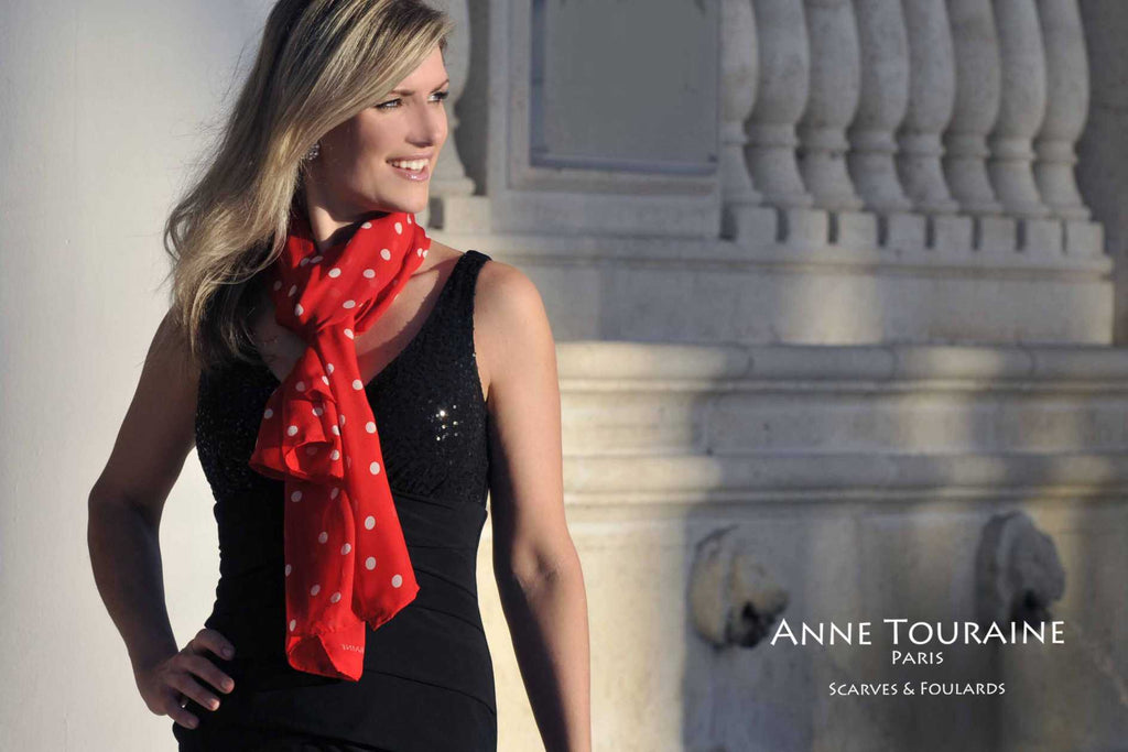Chiffon silk scarves by ANNE TOURAINE Paris™: red polka dot scarf tied European loop way