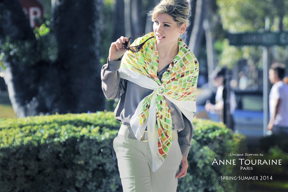 Extra large silk green and brown silk scarf by ANNE TOURAINE Paris™ with a white mother of pearl large scarf ring