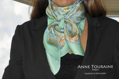 Neon green silk scarf by ANNE TOURAINE Paris™ tied as a kerchief