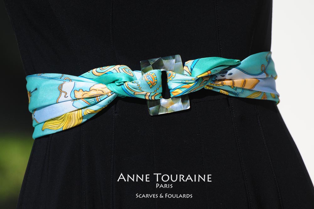 Chinese themed silk scarf and square scarf ring used to create an original belt: two unique creations by ANNE TOURAINE Paris™