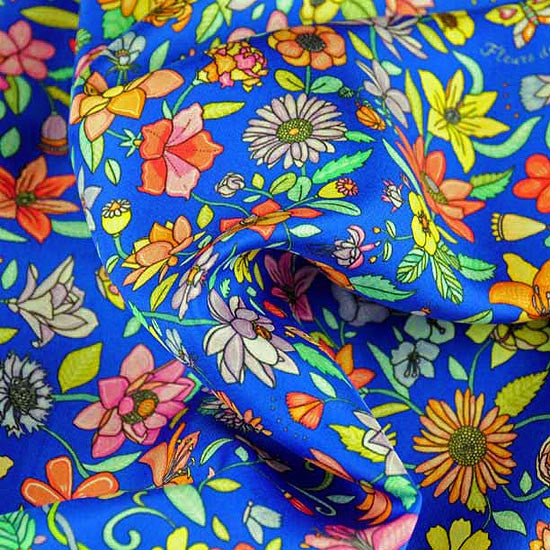 French silk scarves - twill - floral - blue - 27x27