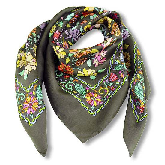  French  silk  scarves twill floral grey 36x36 