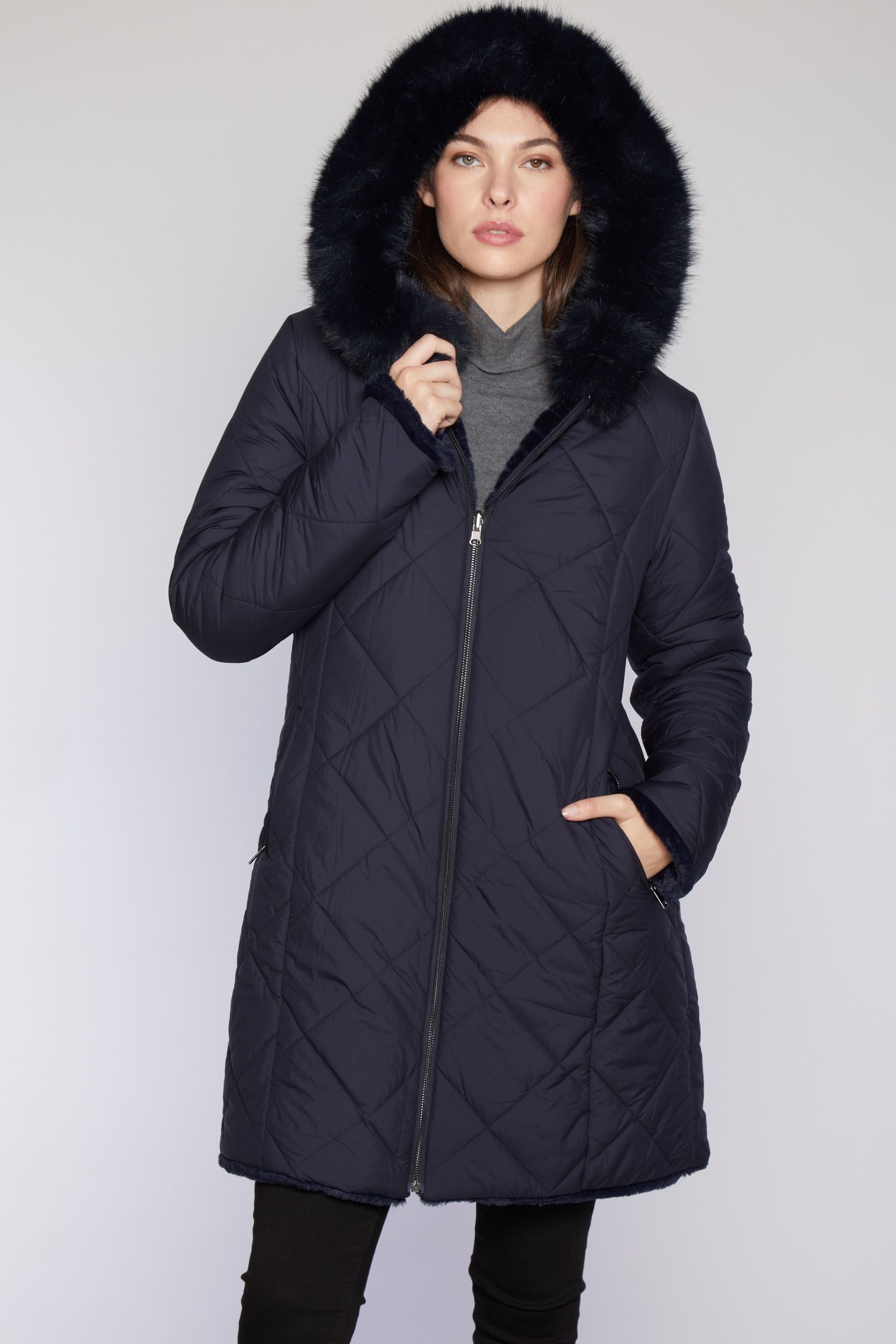 FAUX FUR AND DOWN HOODED COAT | Women's Coat | Blue Duck