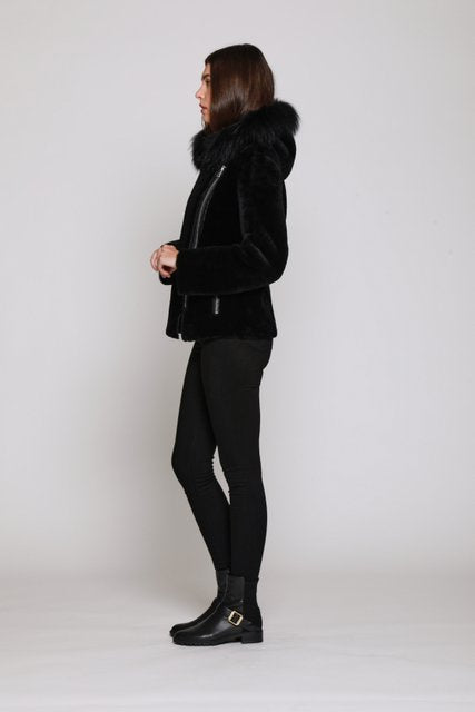 Side View of Hooded Shearling Moto with Model shot
