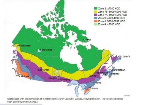 A map of Canada showing the National Building Code of Canada Climate Zones