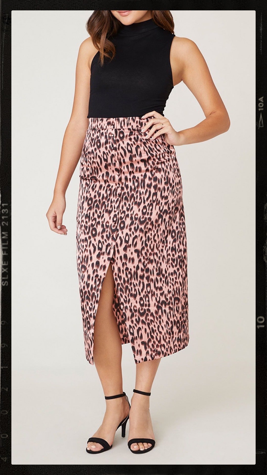Rose Leopard Print Midi Skirt, Heels, Fitted Top | The Green Brick Boutique