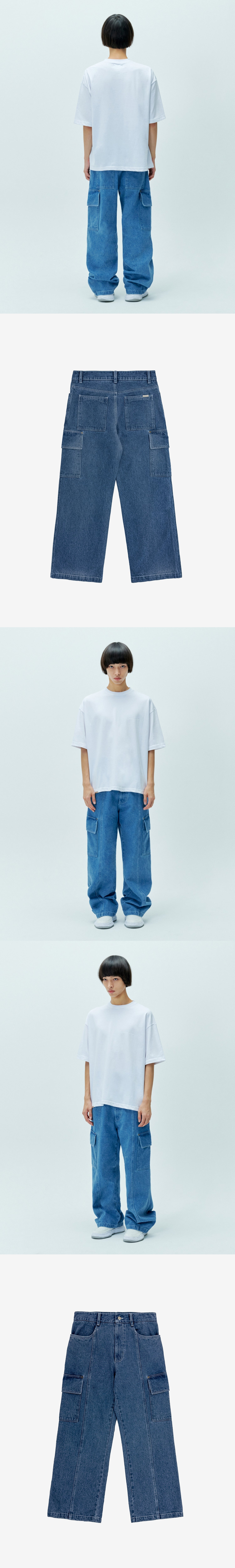 Wide Denim Cargo Pants - Light Blue