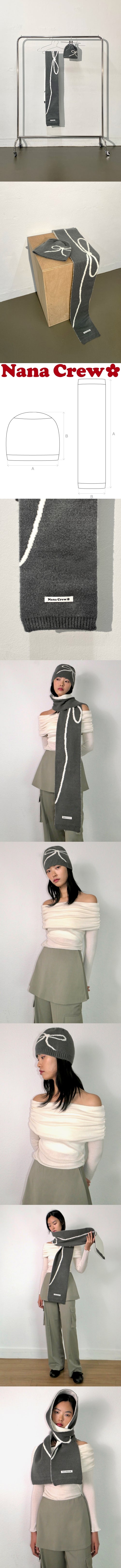 RIBBON JACQUARD MUFFLER+BEANIE SET - GREY