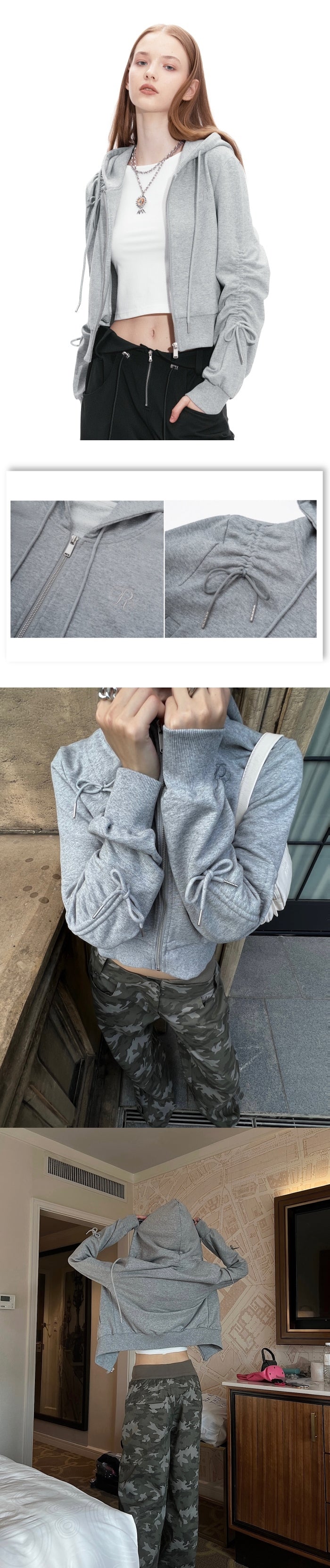 Ribbon Shirring Cropped Hood Zip-up_Gray