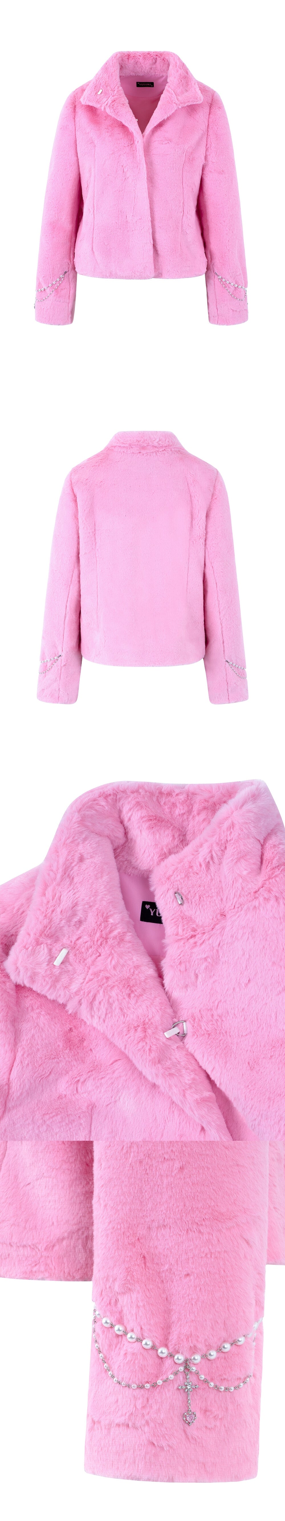 Faux Fur Jacket with Chains (Pink)