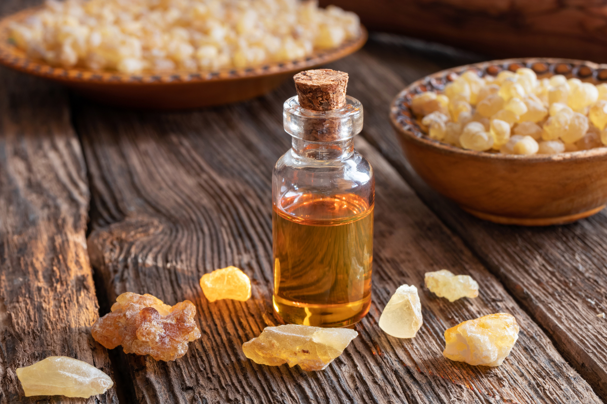 Frankincense Oil: A bottle of Frankincense Oil, a calming essential oil.