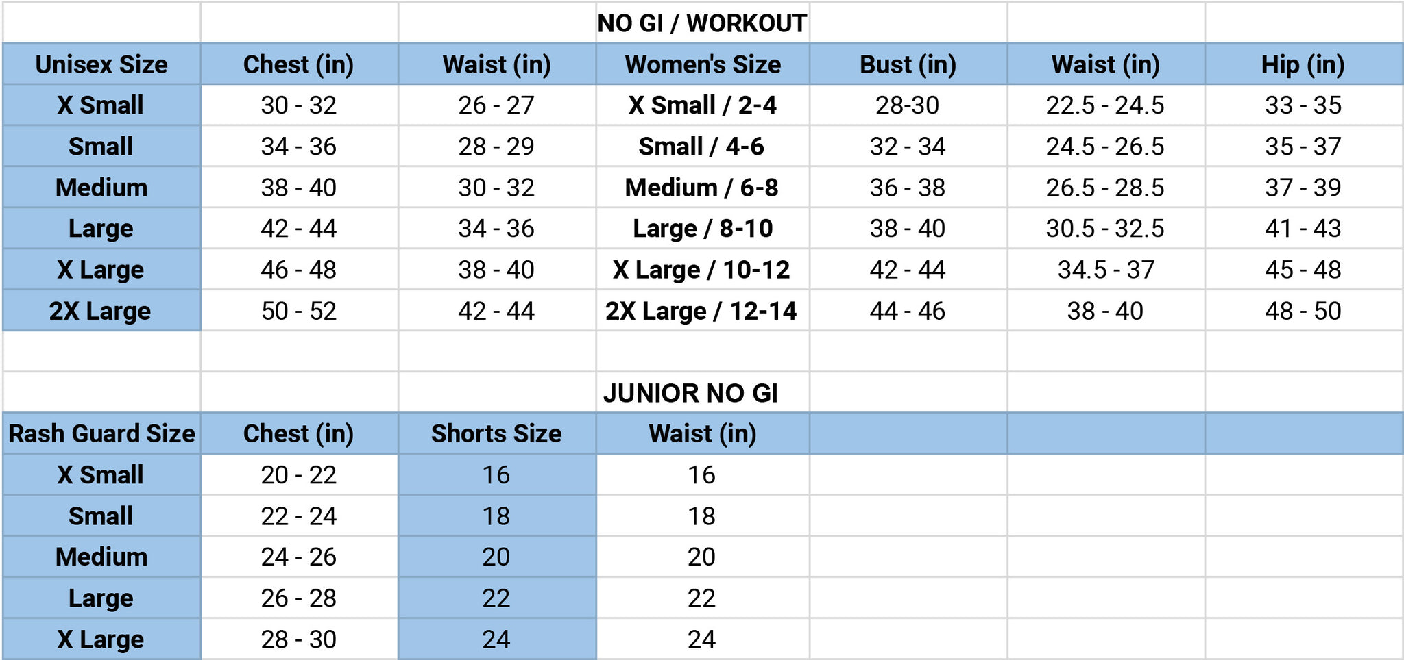 SIZE CHART