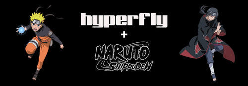 Hyperfly + Naruto Shippuden banner featuring an image of anime characters Naruto Uzumaki and Itachi Uchiha.