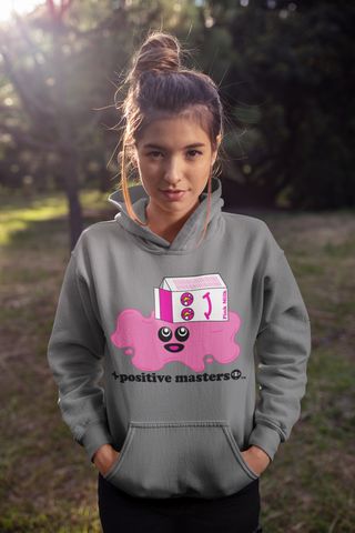 Spilled Pink Milk Logo Unisex Hoodie on a young woman with a cute messy bun hairstyle