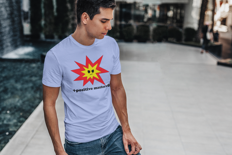 a man standing by a modern fountain wearing Angry Explosion Logo Unisex T-Shirt