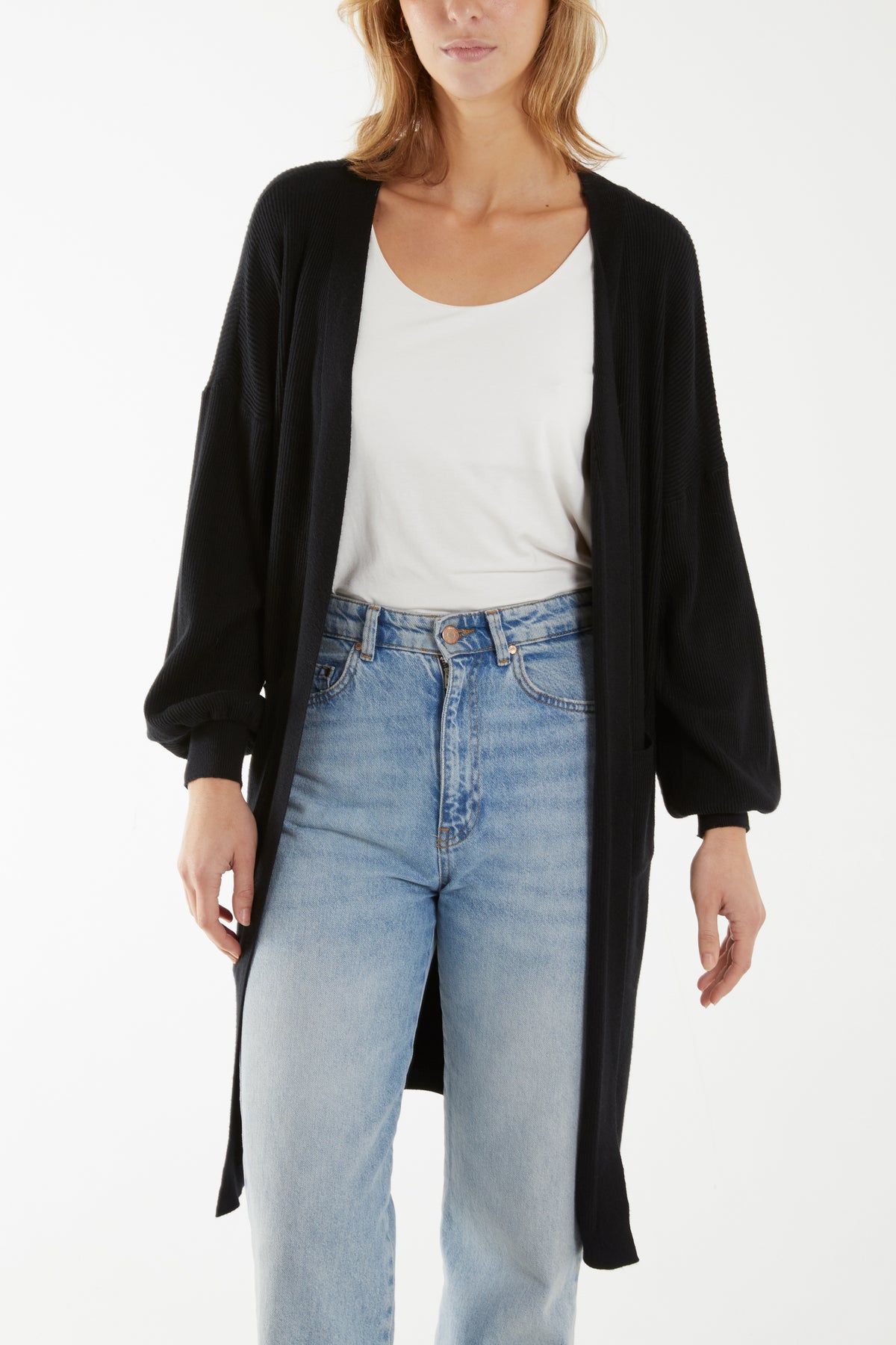 Ribbed Knit Longline Pocket Cardigan