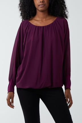 Boat Neck Pleated Bell Sleeve Blouse