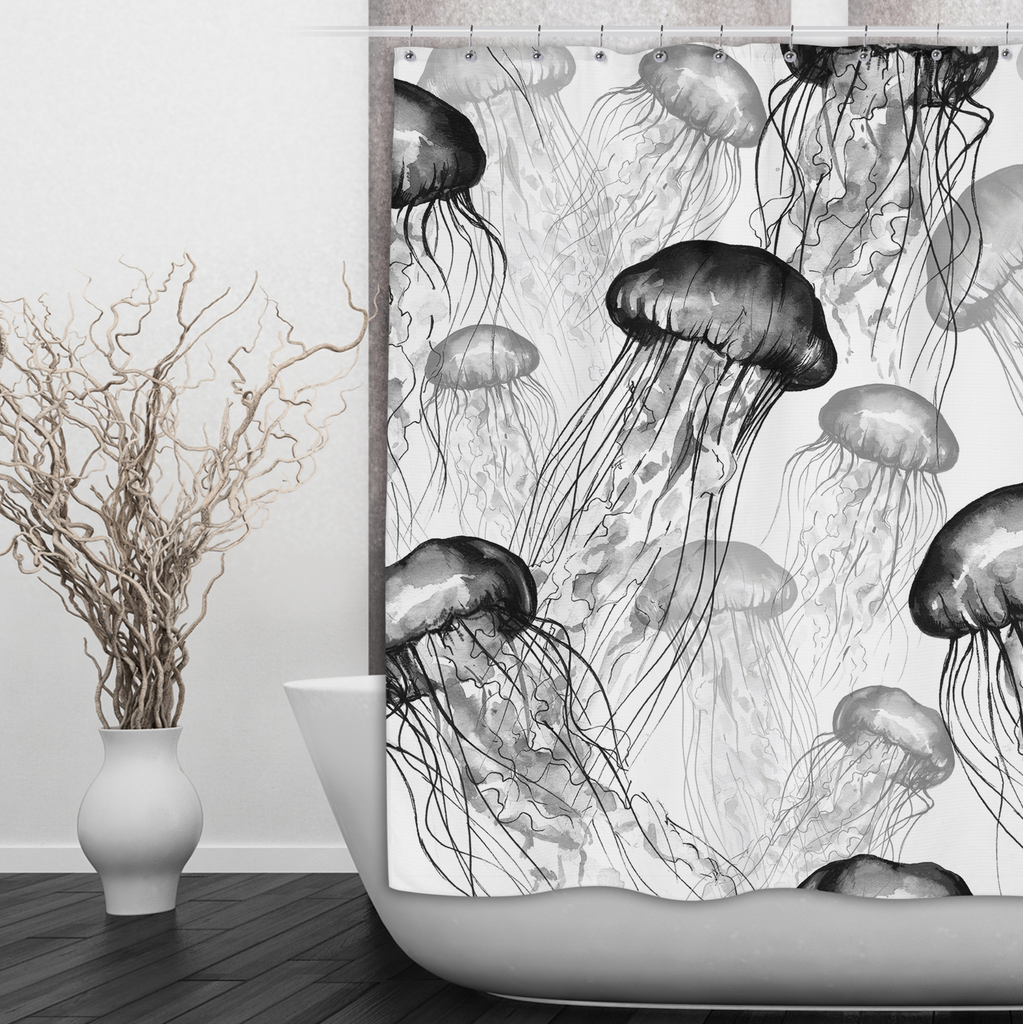 Black and White Jellyfish Shower Curtains and Optional Bath Mats – Ink and  Rags