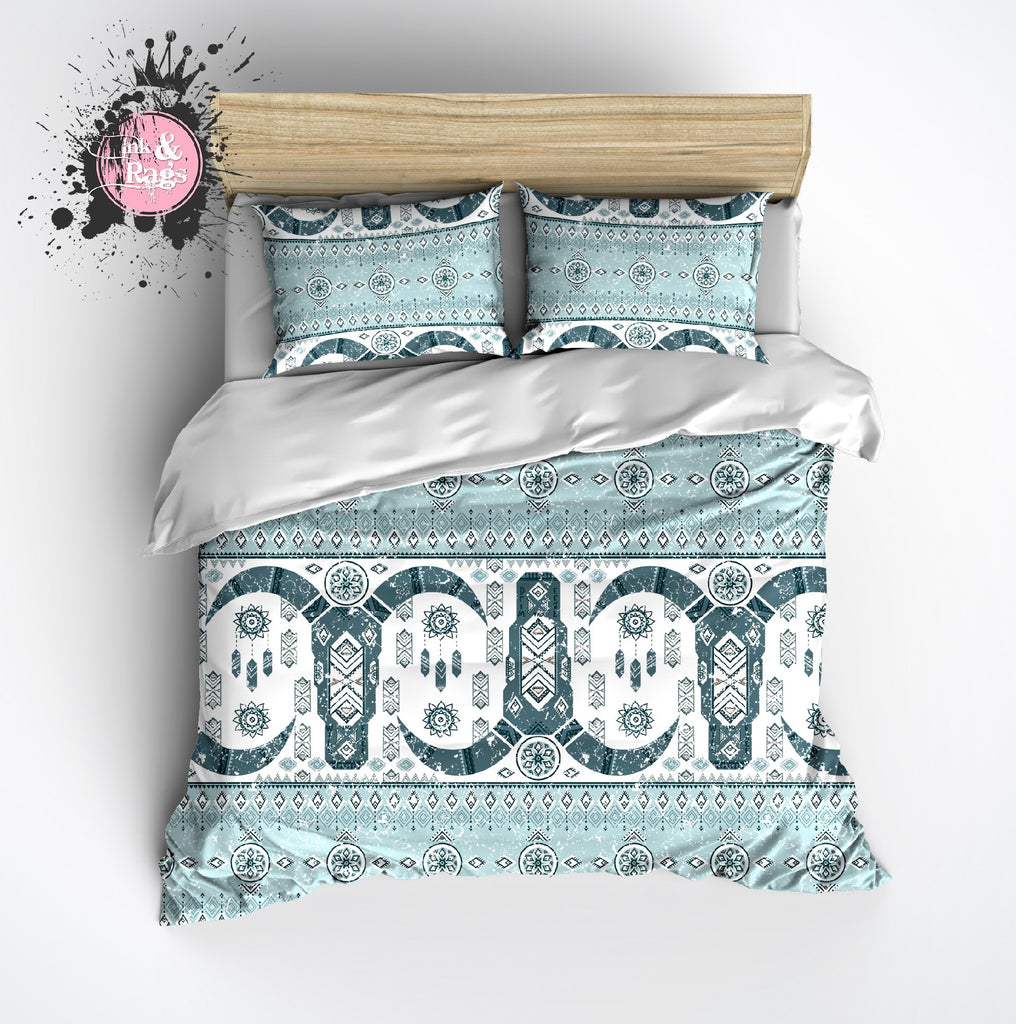 Light Blue And Teal Cattle Skull Fair Isle Pattern Duvet Bedding