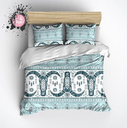 Light Blue And Teal Cattle Skull Fair Isle Pattern Duvet Bedding