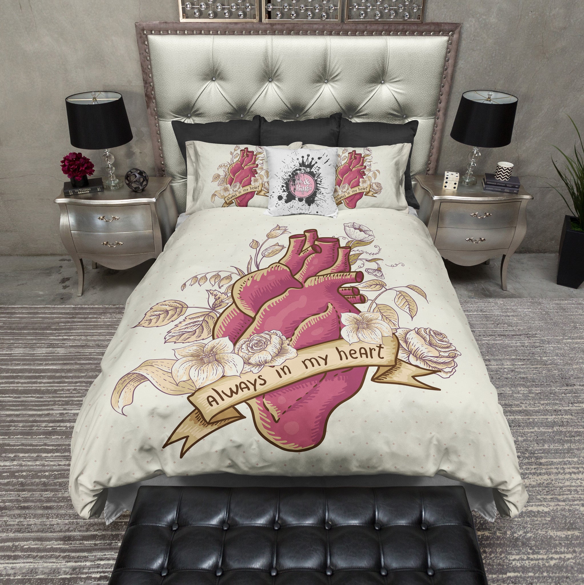 Vintage Style Anatomical Always In My Heart Bedding Cream Ink