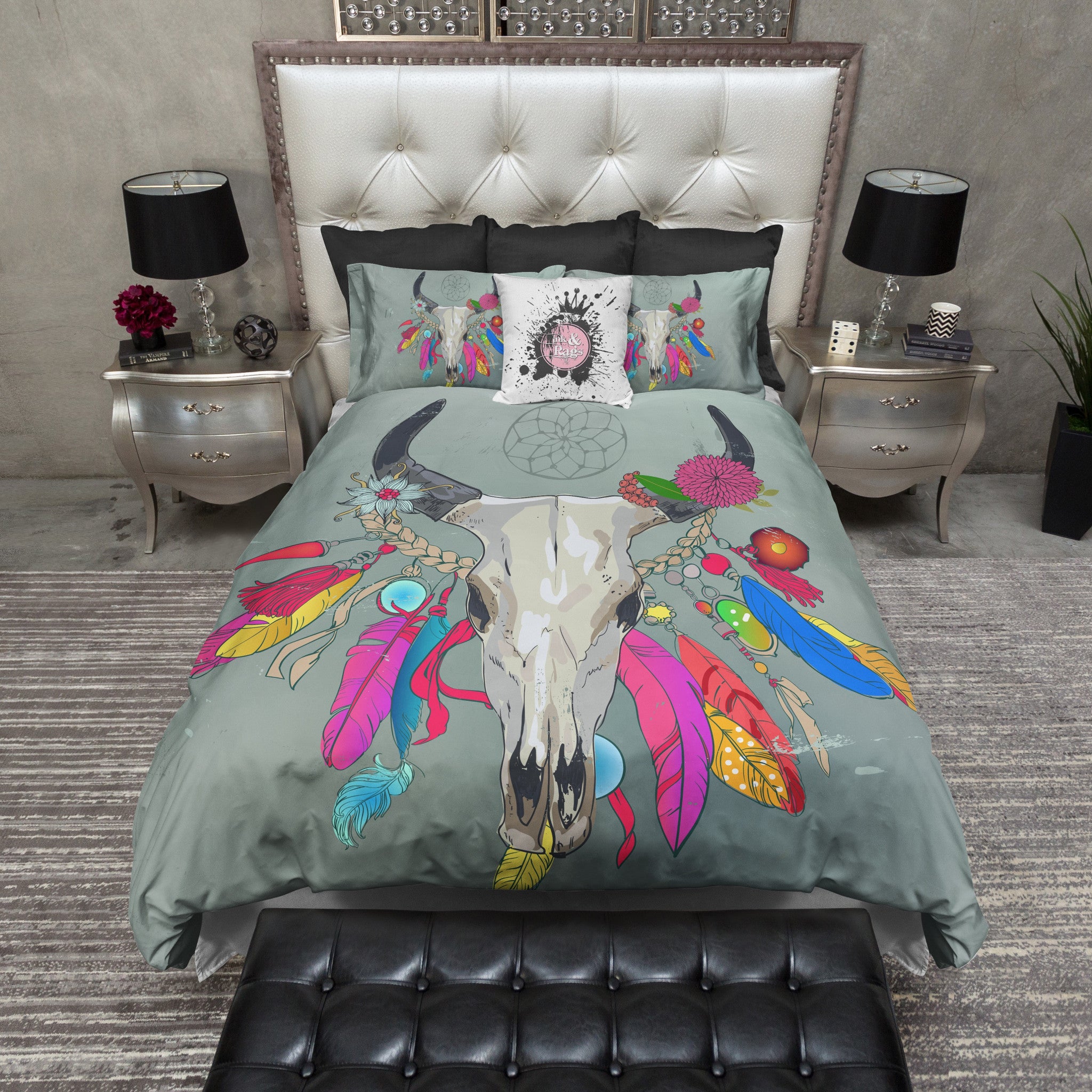 Boho Bright Color Bull Cow Skull Bedding Ink And Rags