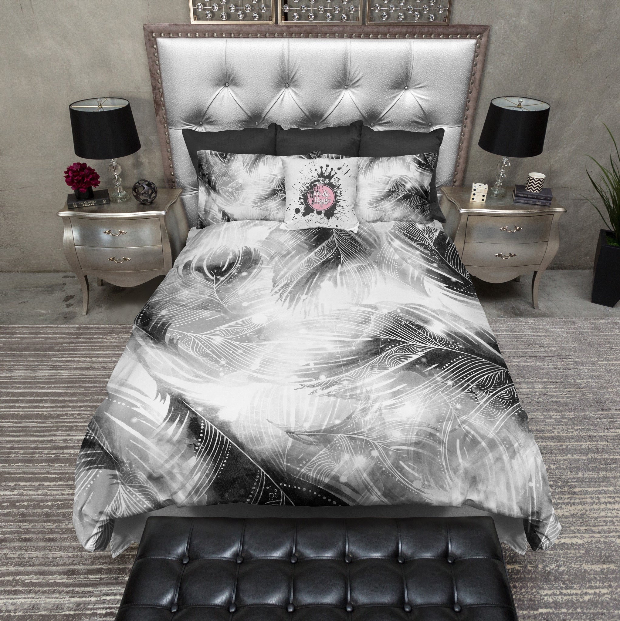 Black and White BOHO Feather Bedding - Ink and Rags