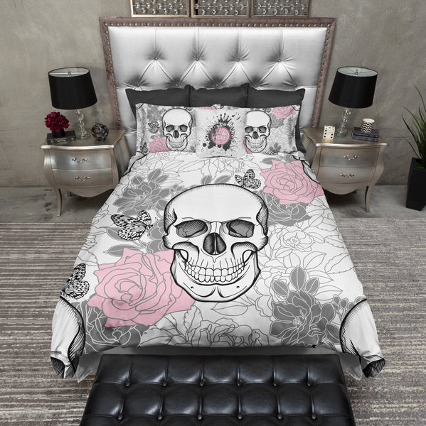 Pink and Grey on White Flower Skull Duvet Bedding Sets