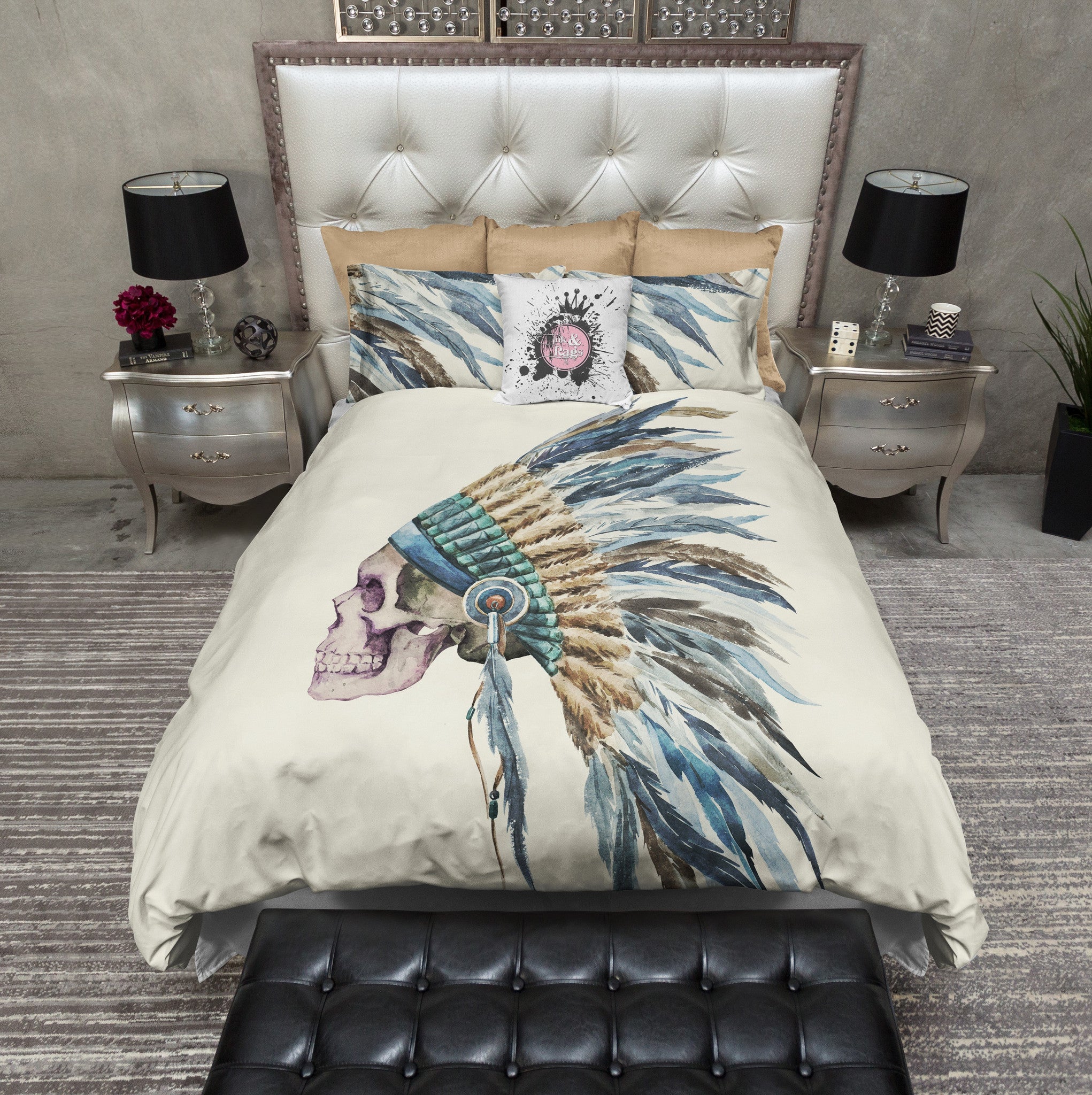 Blue Feather Native American Indian Headdress Skull Duvet ...