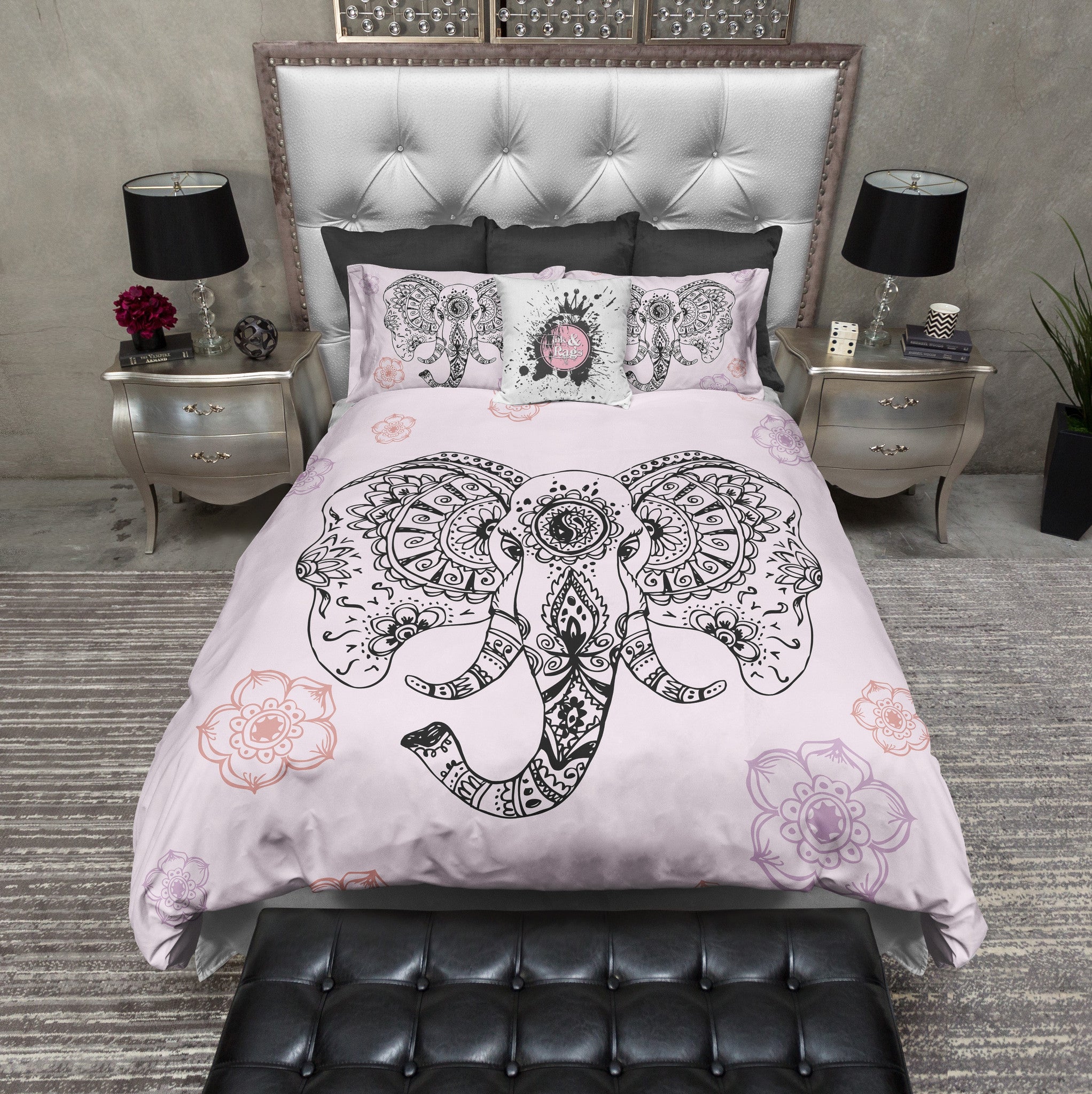 Indian Henna Style Pink Elephant Bedding - Ink and Rags