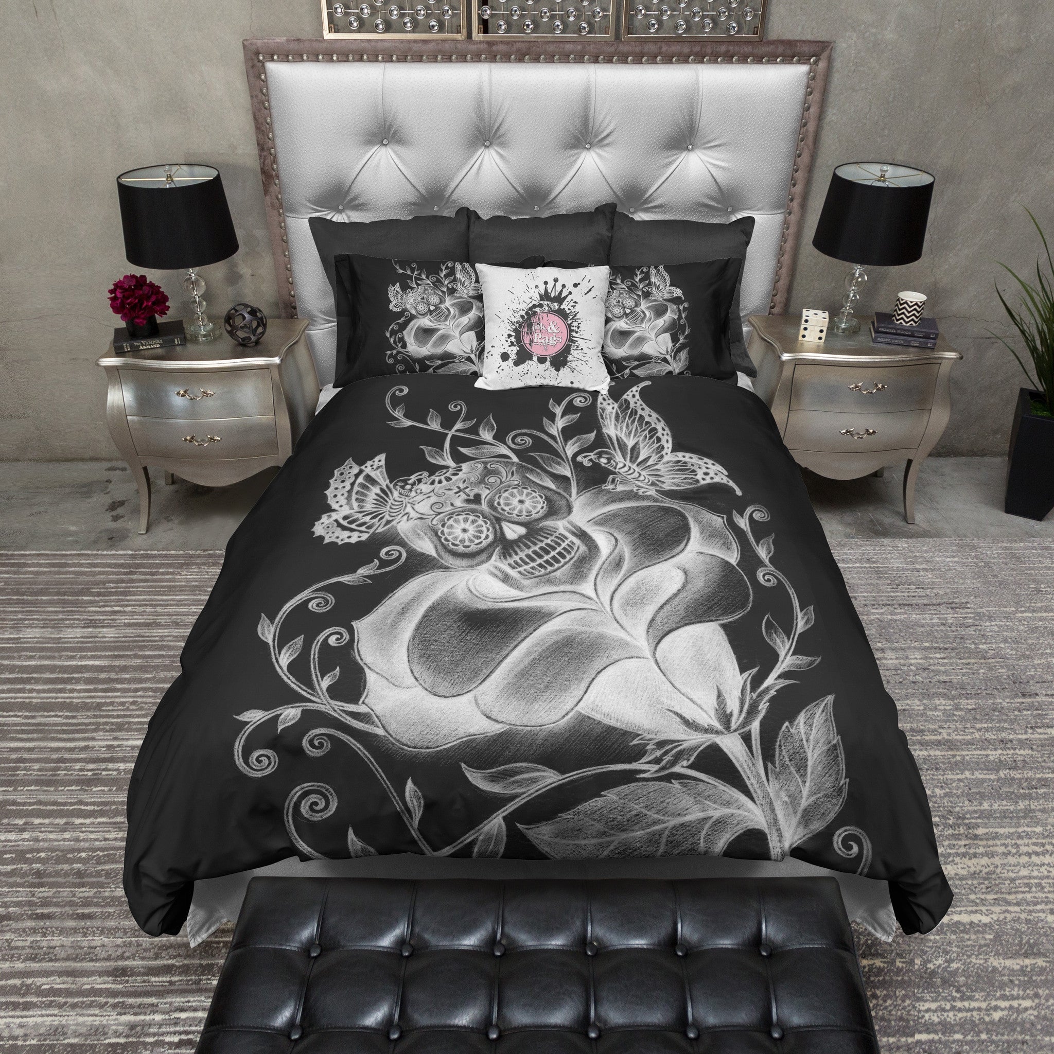 Chalkboard Style Blooming Rose Sugar Skull Duvet Bedding Sets