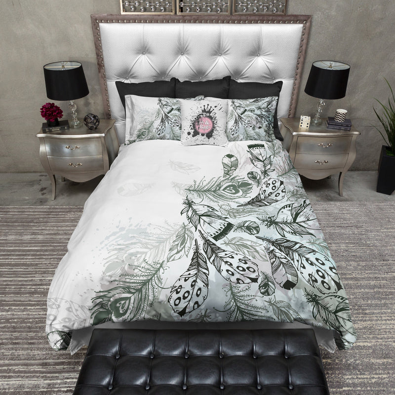 Boho Green And Grey Feather Bedding Ink And Rags