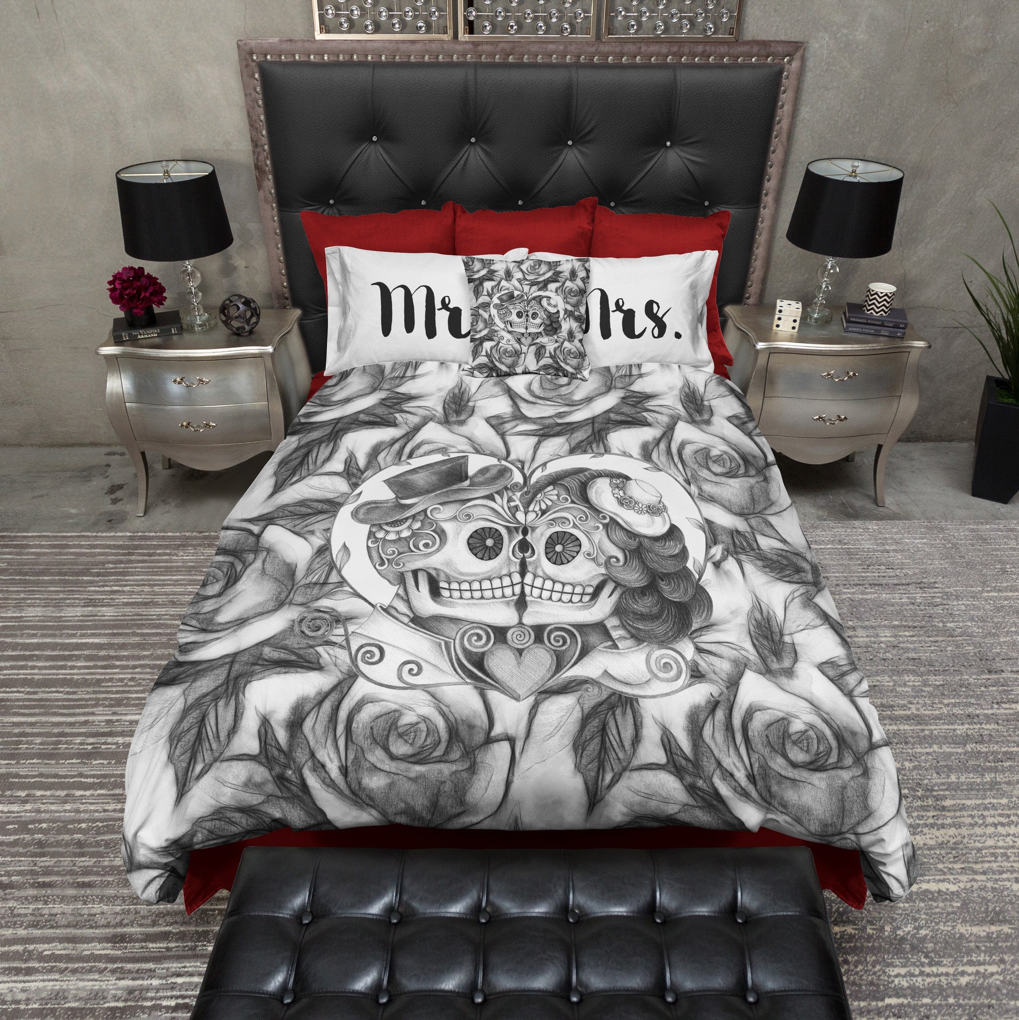 Pencil Sketch Rose Kissing Mr And Mrs Sugar Skull Bedding