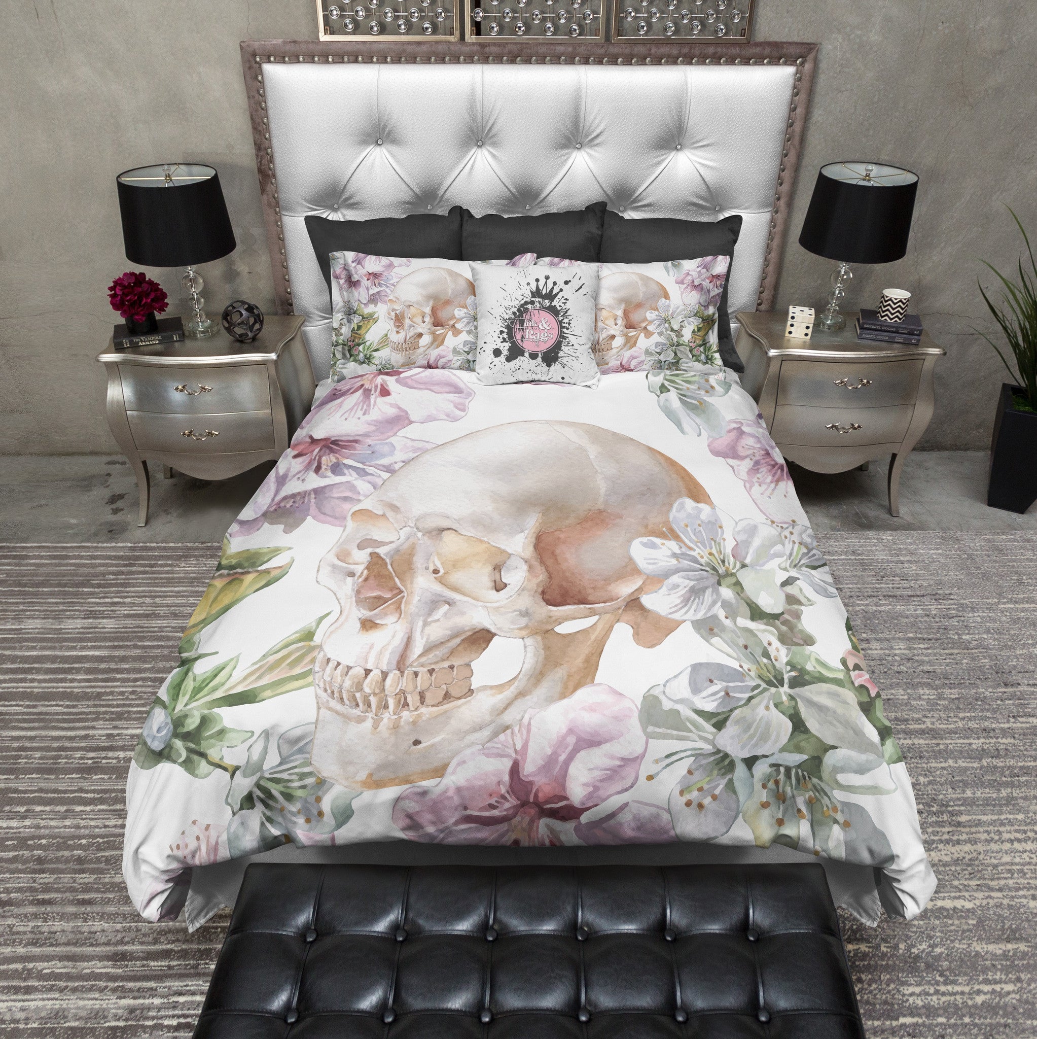 White Floral Rose And Skull Duvet Bedding Sets Ink And Rags