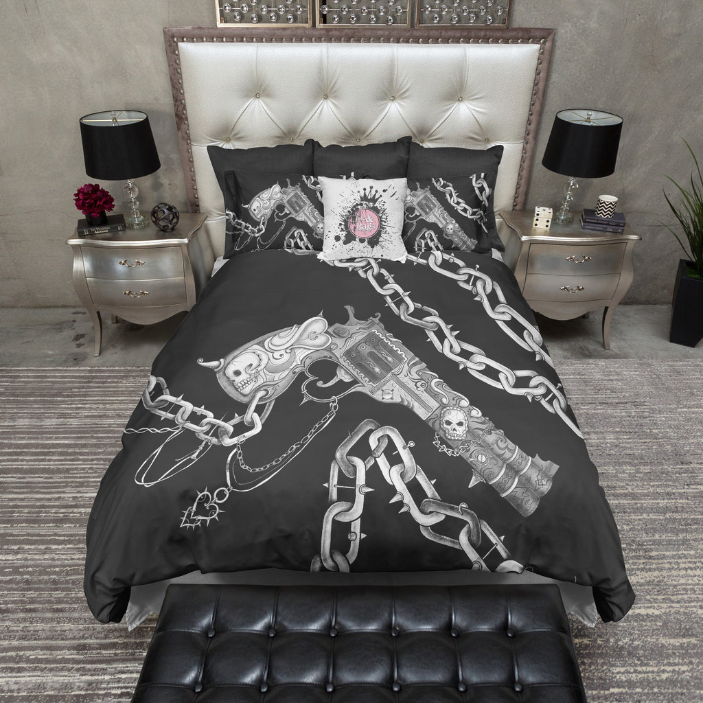 Hand Sketched Gun Chain And Skull Duvet Bedding Sets Ink And Rags