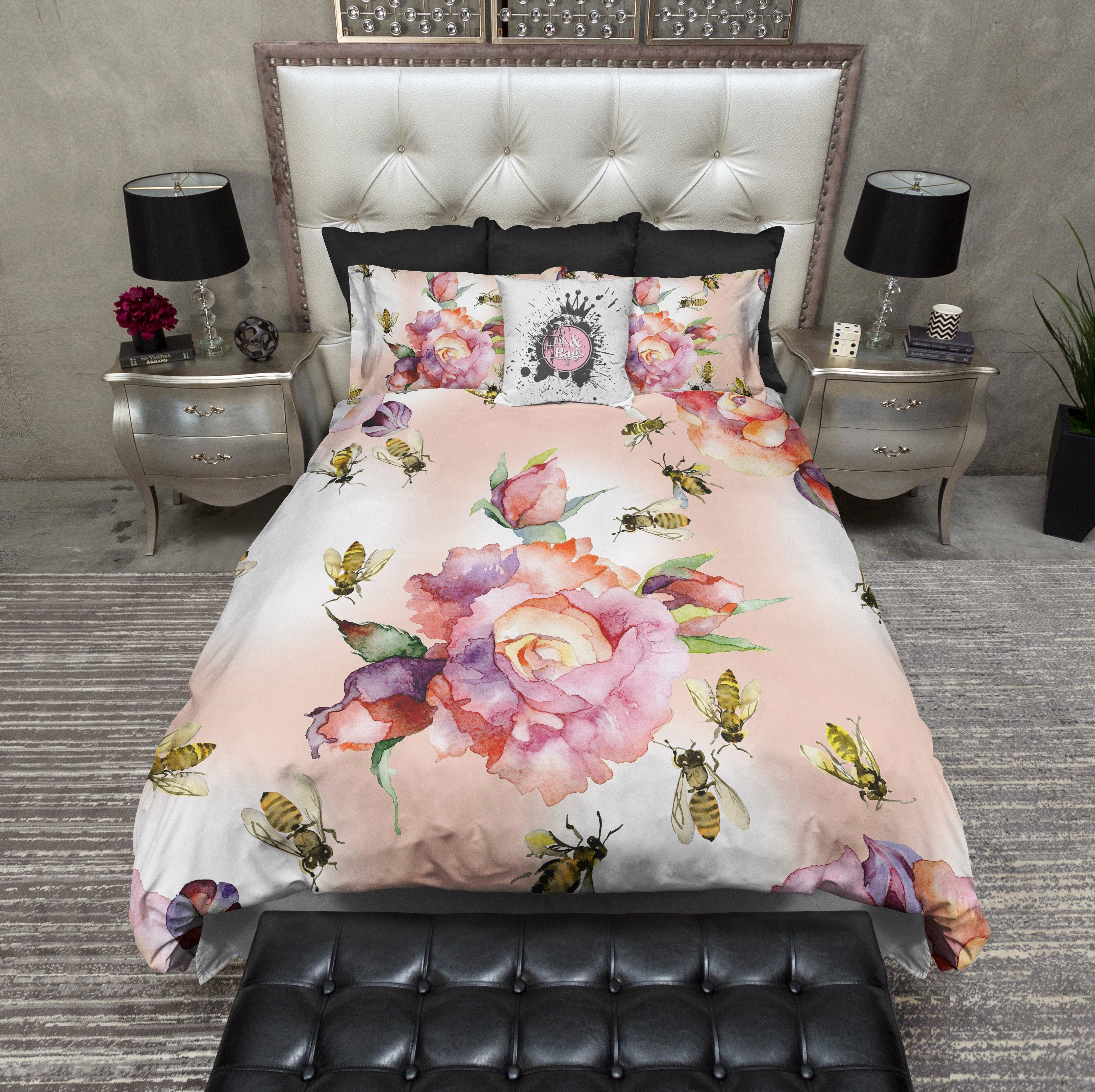 Download Honey Bee Watercolor Rose Peach Bedding Collection - Ink ...