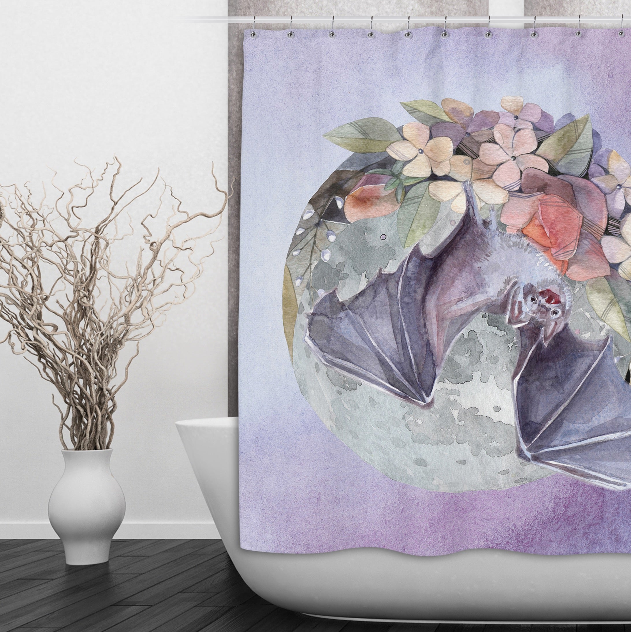 Lavender Fruit Bat Moon And Flower Shower Curtains And Optional