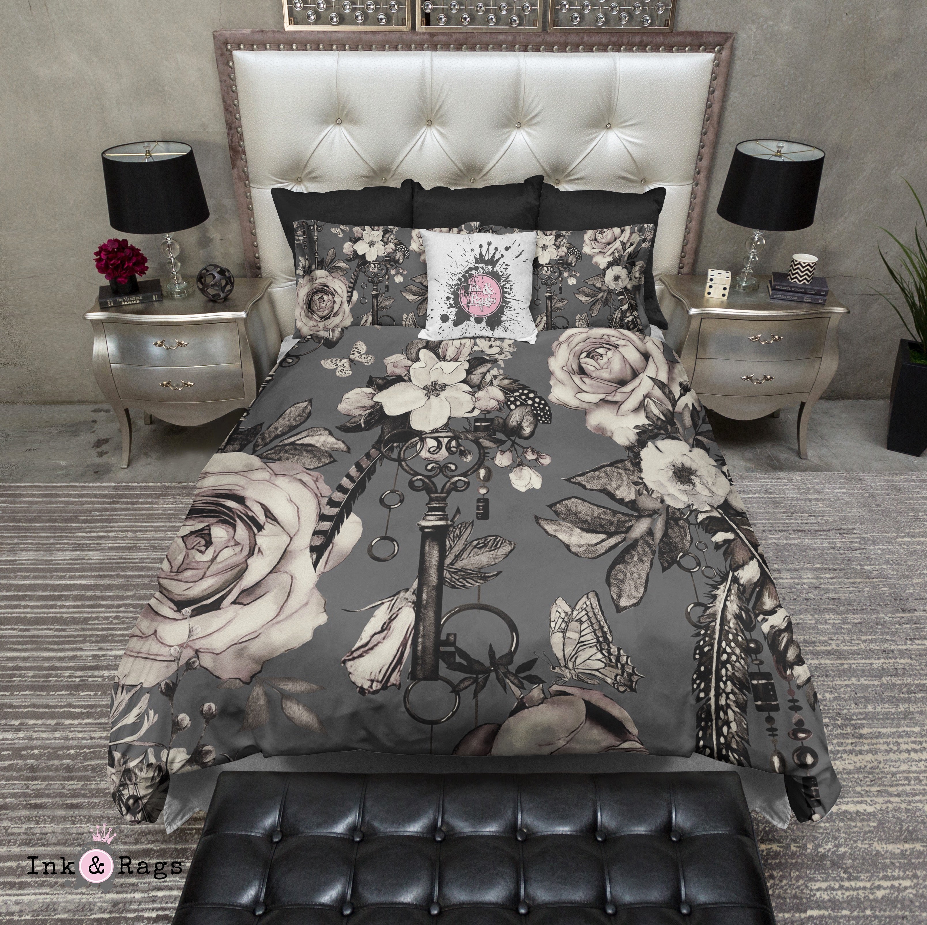 Steampunk Inspired Vintage Key Feather And Rose On Grey Bedding