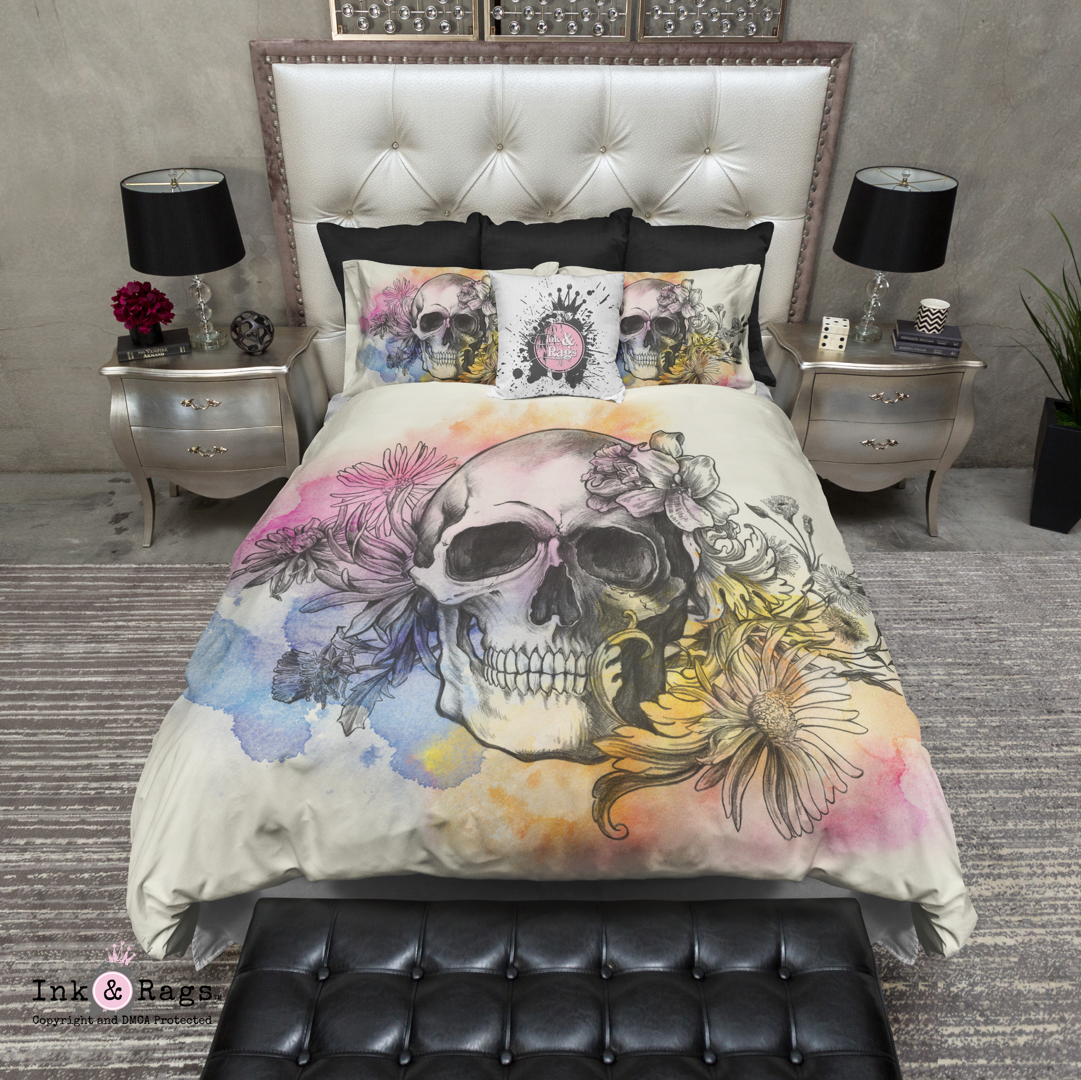 Watercolor Sketch Skull Bedding Cream Ink And Rags