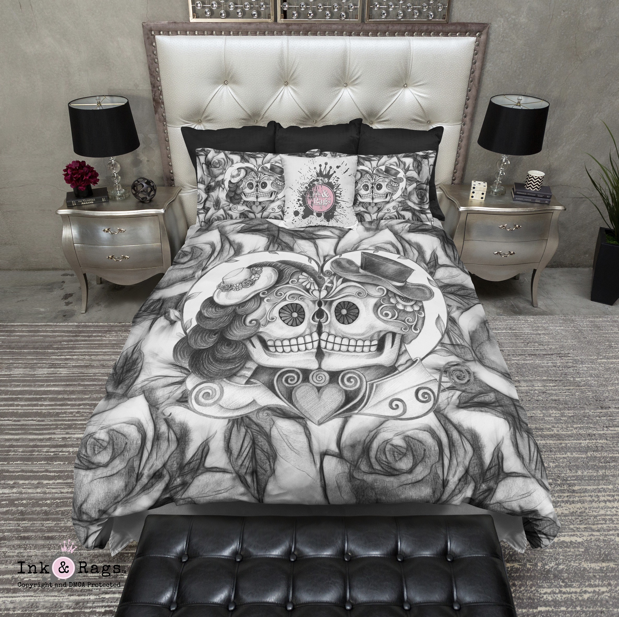 Pencil Sketch Rose Kissing Couple Sugar Skull Bedding Ink And Rags