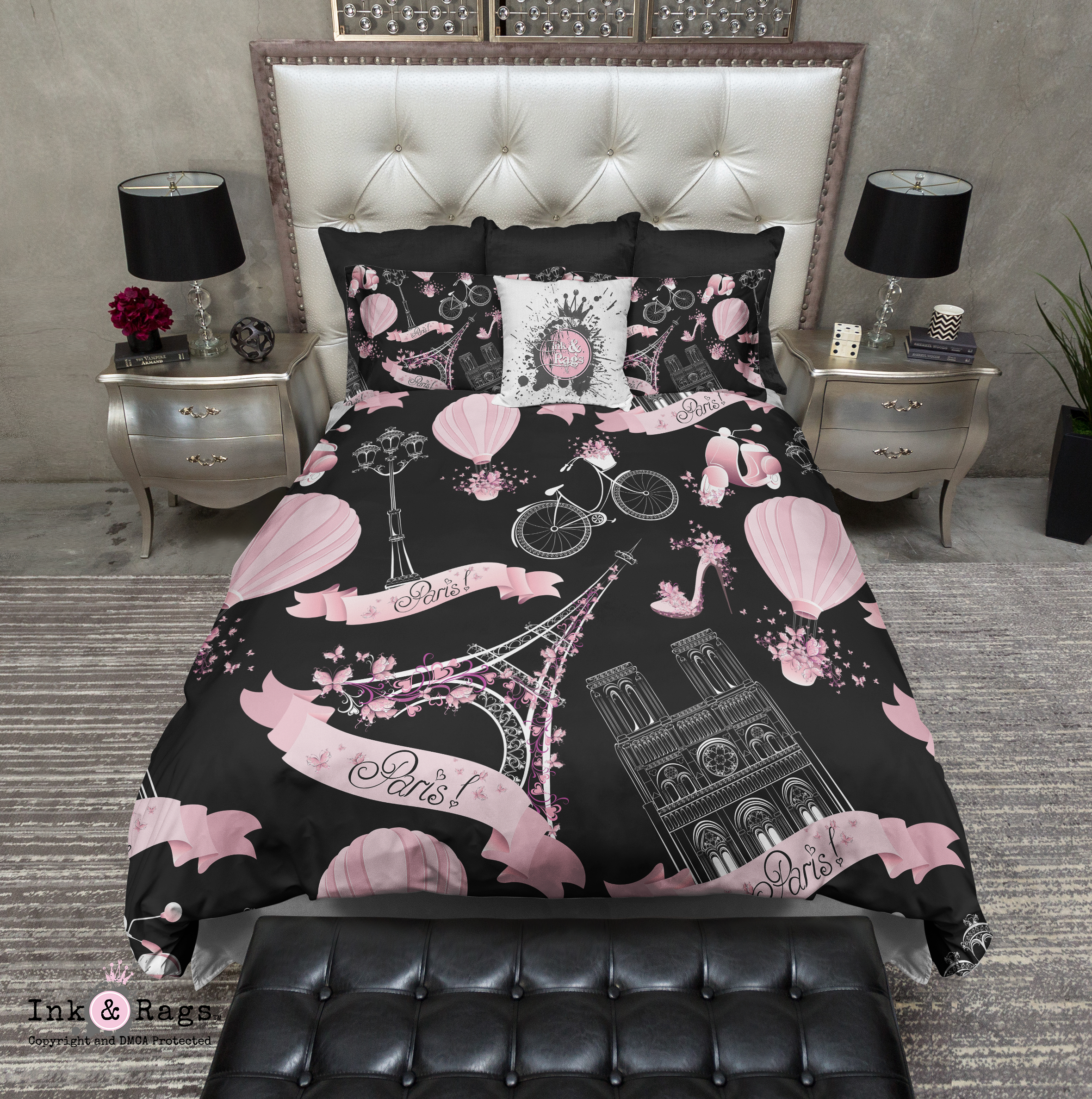 Black and Pink Whimsy in Paris Eiffel Tower Bedding Collection – Ink ...