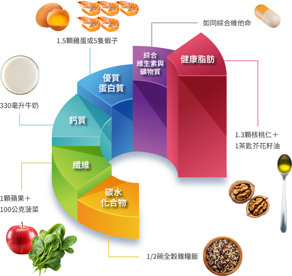 健康脂肪 綜合維生素與礦物質 優質蛋白質 鈣質 纖維 碳水化合物
