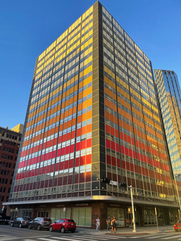 Commercial building with colored window film applied