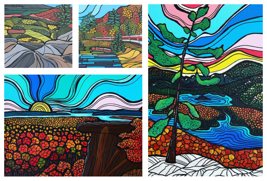 Art by Amy Williams Ontario Lanscapes: Robertson Cliffs, Agawa Canyon Tour Train, The Crack, Tea Cup & Saucer
