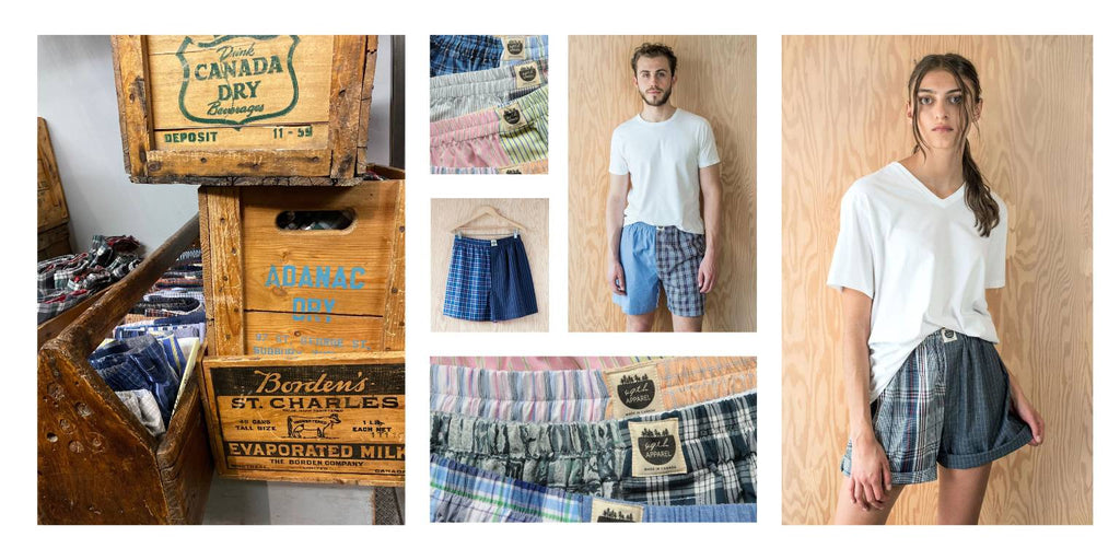 Photo collage with a stack of vintage crates, re-made boxer shorts, models in white v-neck t-shirts wearing the patchwork cotton re-made boxer shorts.