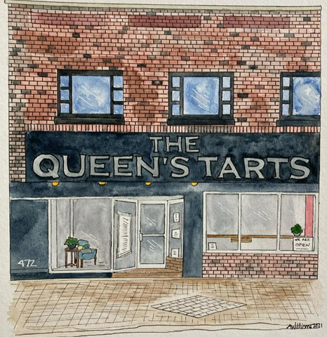 Artist Amy Williams ink and watercolour of the Queen's Tarts downtown storefront. A brick facade with  big windows and a black sign that says in white letters "The Queen's Tarts"