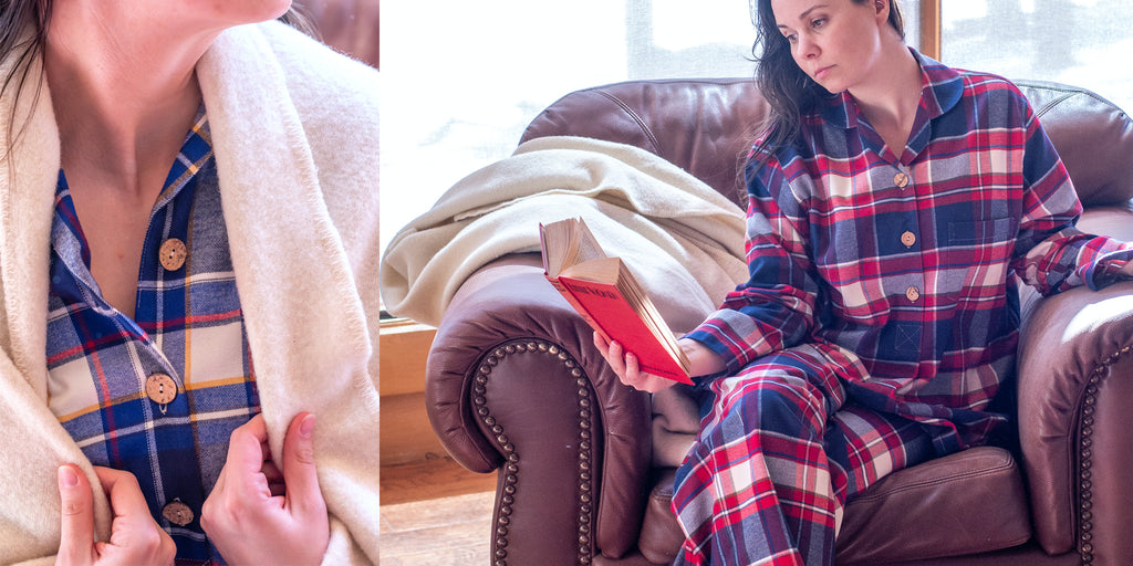 Two photos of woman wearing Basswood Plaid Flannel pajamas reading a book on a brown leather chair and curled up in a blanket. 